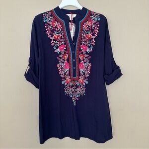 NWT Luna Moon Women S Embroidered Tunic Top Floral Shirt Boho Blouse Hippie Navy